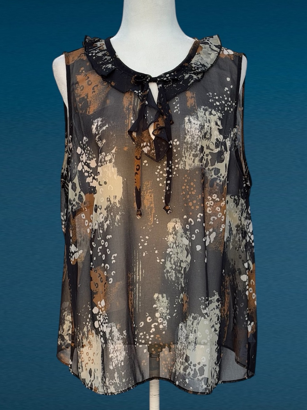 Sleeveless Ruffle Tie-Neck Printed Chiffon Top - Black/Cream/Brown
